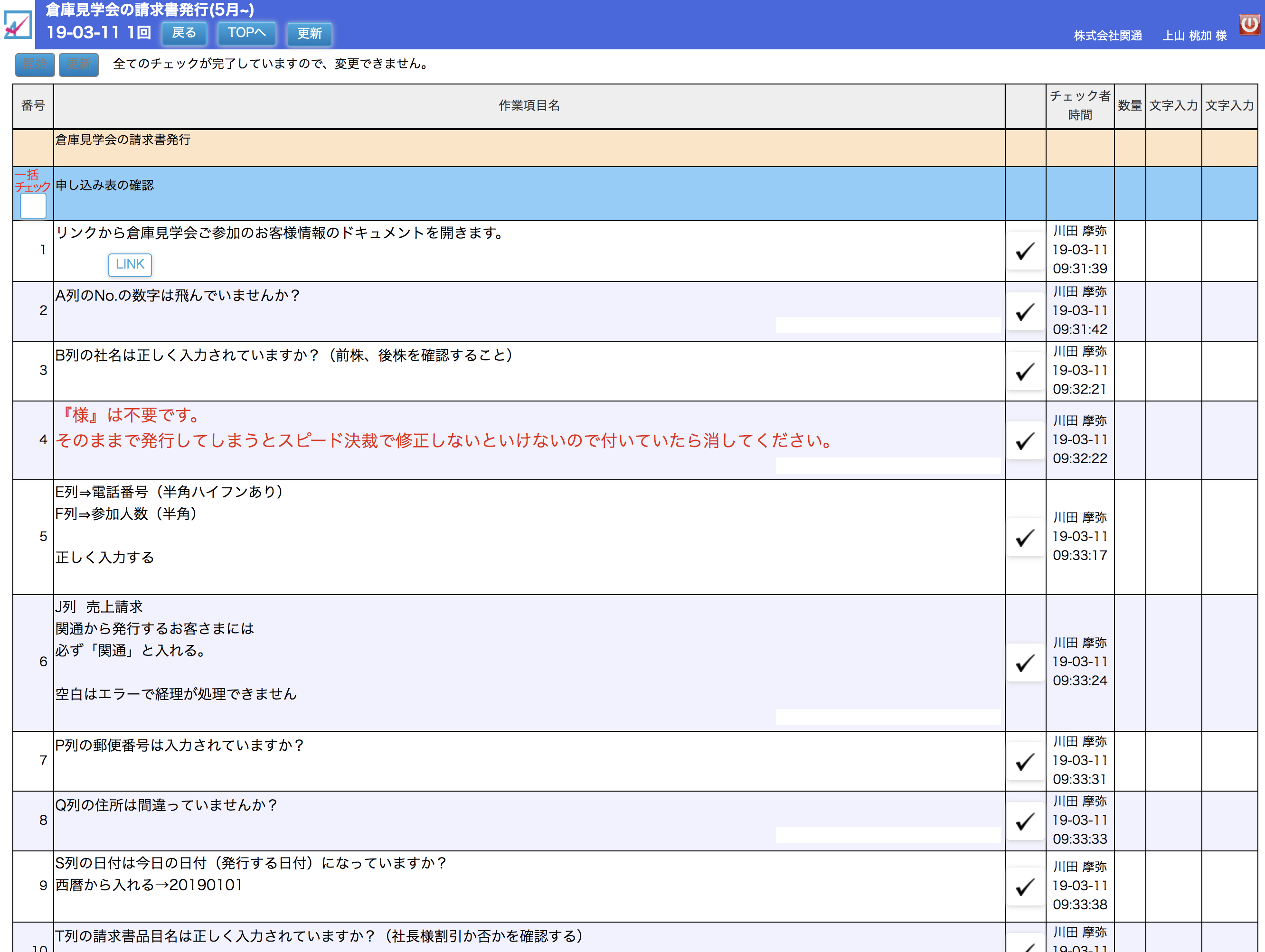 前回のミスから注意点を記載したチェックリスト